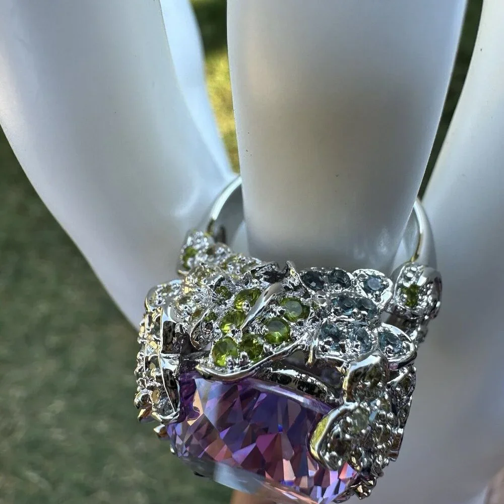 Statement Ring Size 9.75‎ Purple Blue Tanzanite Cluster Gems 925 Sterling 28.3g